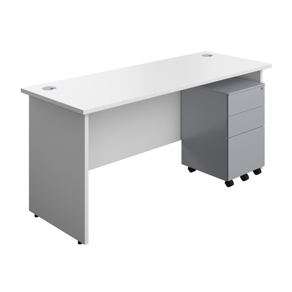 Panel Rectangular Desk + 3 Drawer Steel Pedestal Bundle (FSC) | 1600X600 | White/Silver | 