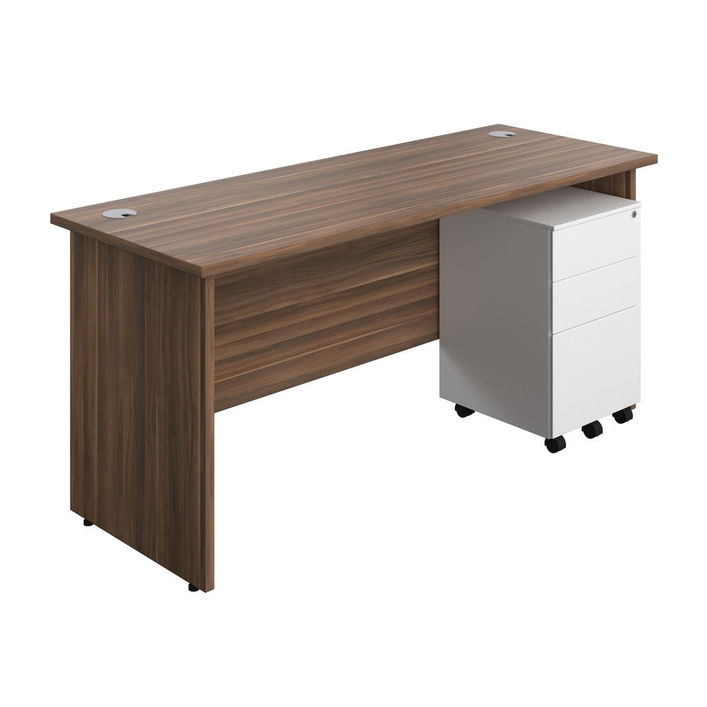 Panel Rectangular Desk + 3 Drawer Steel Pedestal Bundle (FSC) | 1600X600 | Dark Walnut/White | 