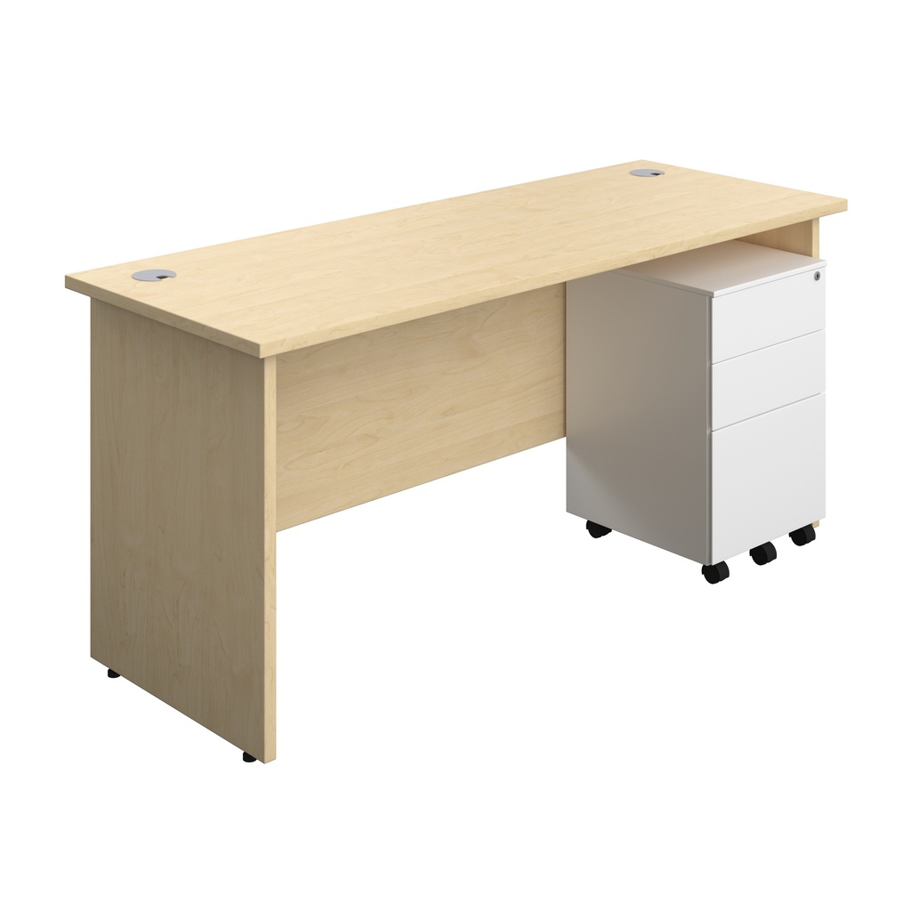 Panel Rectangular Desk + 3 Drawer Steel Pedestal Bundle (FSC) | 1600X600 | Maple/White | 