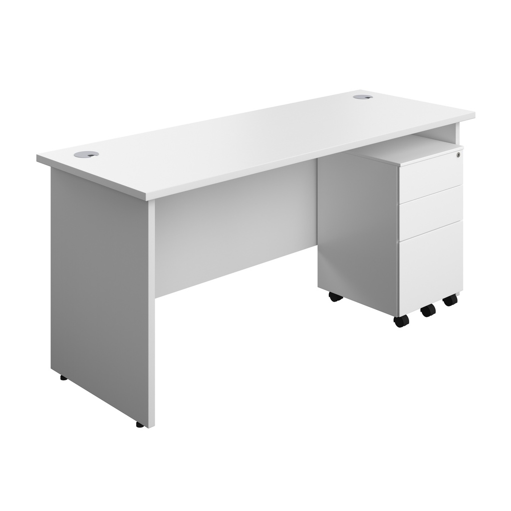 Panel Rectangular Desk + 3 Drawer Steel Pedestal Bundle (FSC) | 1600X600 | White/White | 