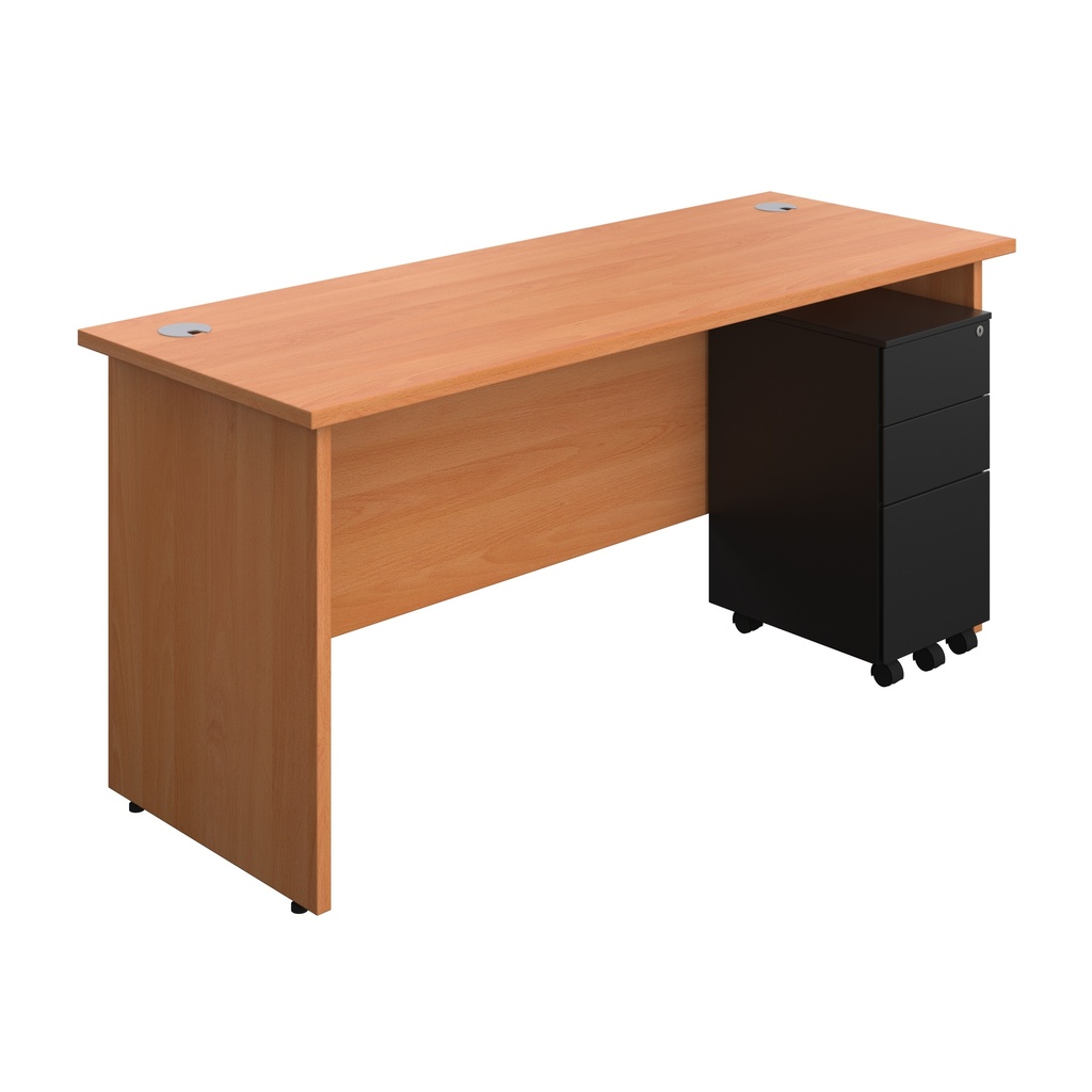 Panel Rectangular Desk + 3 Drawer Slimline Steel Pedestal Bundle (FSC) | 1600X600 | Beech/Black | 