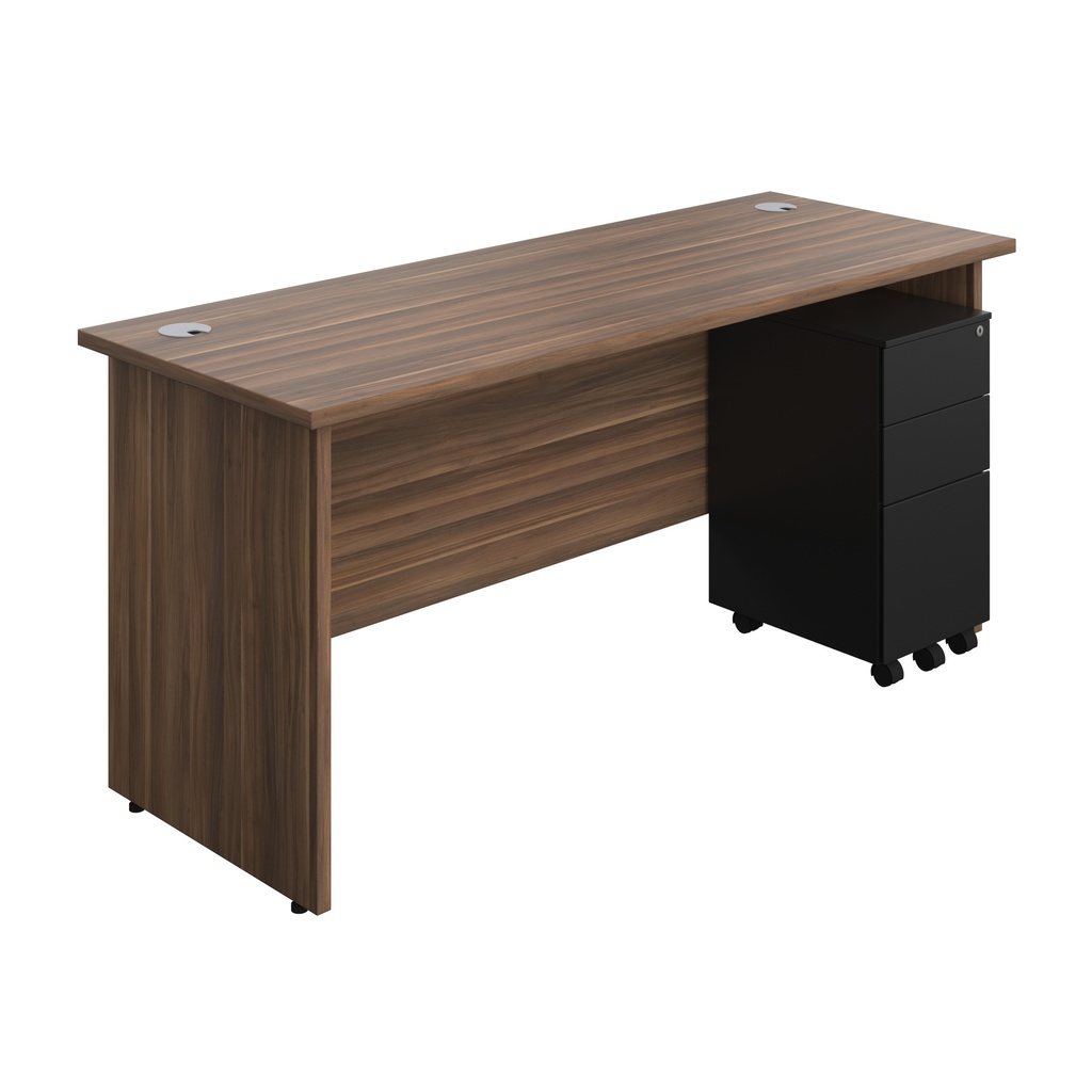Panel Rectangular Desk + 3 Drawer Slimline Steel Pedestal Bundle (FSC) | 1600X600 | Dark Walnut/Black | 