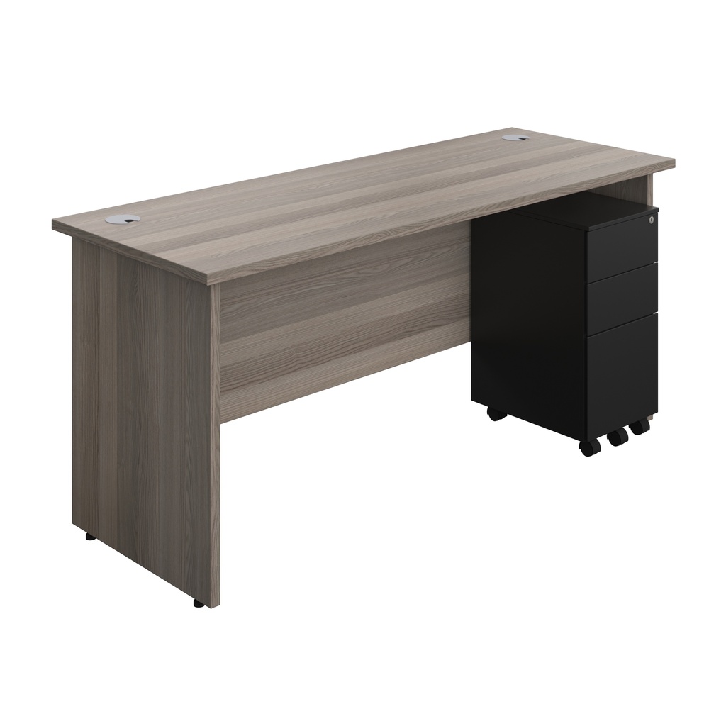Panel Rectangular Desk + 3 Drawer Slimline Steel Pedestal Bundle (FSC) | 1600X600 | Grey Oak/Black | 