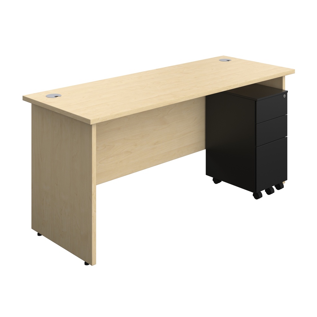Panel Rectangular Desk + 3 Drawer Slimline Steel Pedestal Bundle (FSC) | 1600X600 | Maple/Black | 