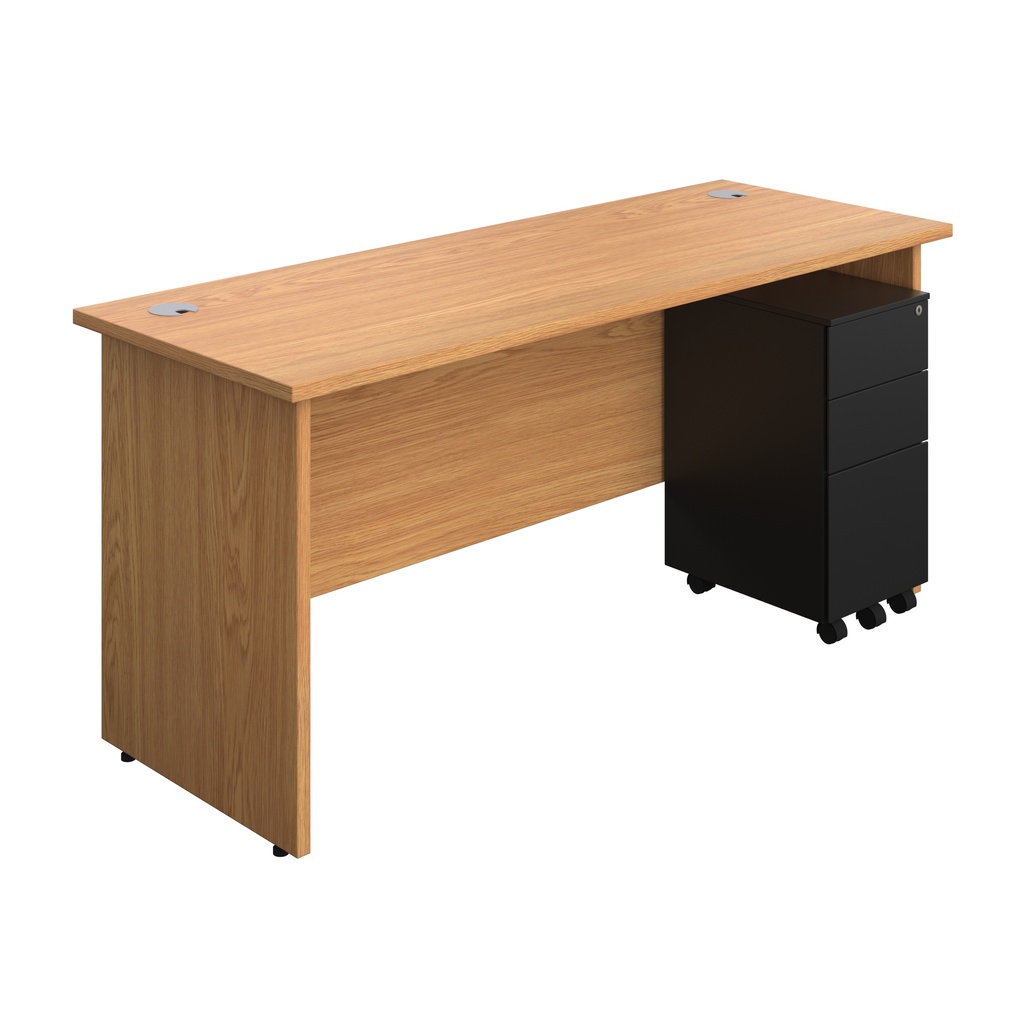 Panel Rectangular Desk + 3 Drawer Slimline Steel Pedestal Bundle (FSC) | 1600X600 | Nova Oak/Black | 