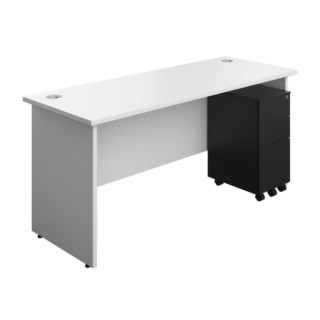 Panel Rectangular Desk + 3 Drawer Slimline Steel Pedestal Bundle (FSC) | 1600X600 | White/Black | 