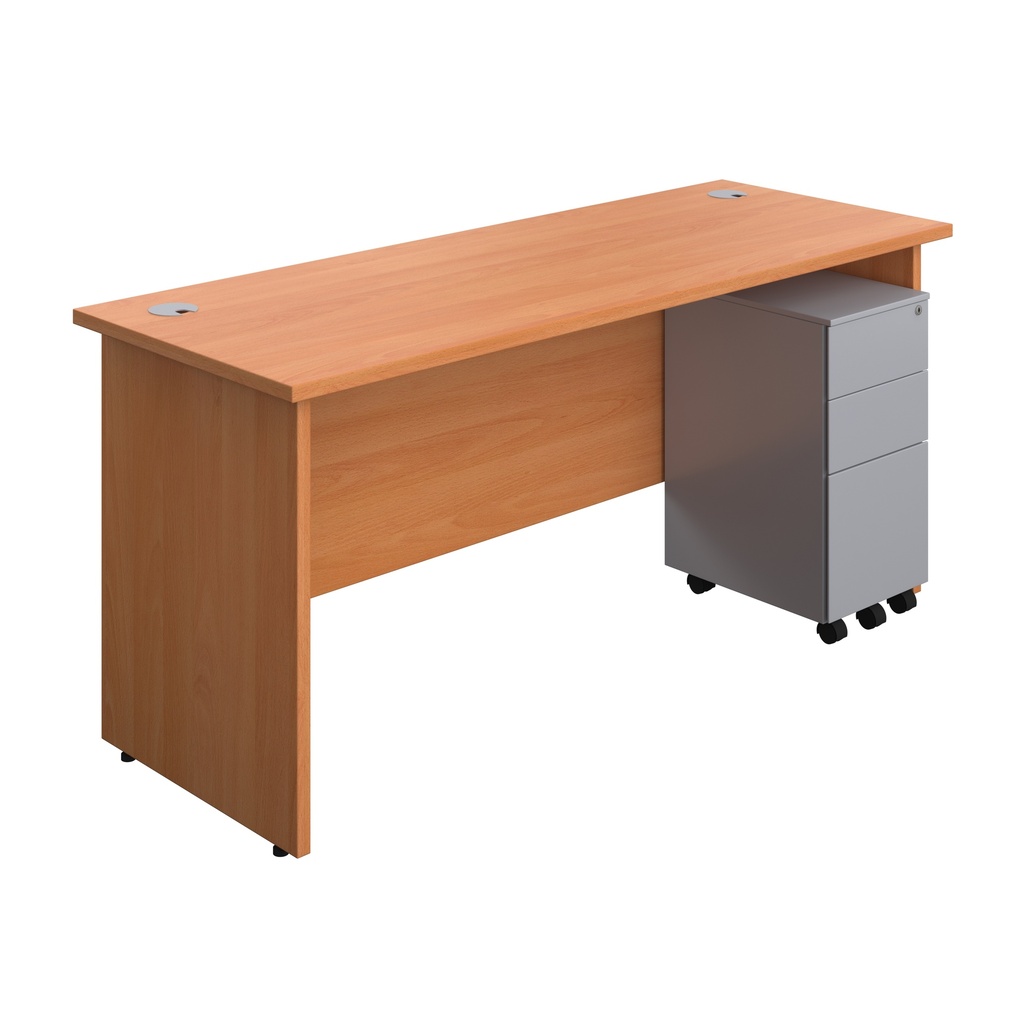 Panel Rectangular Desk + 3 Drawer Slimline Steel Pedestal Bundle (FSC) | 1600X600 | Beech/Silver | 