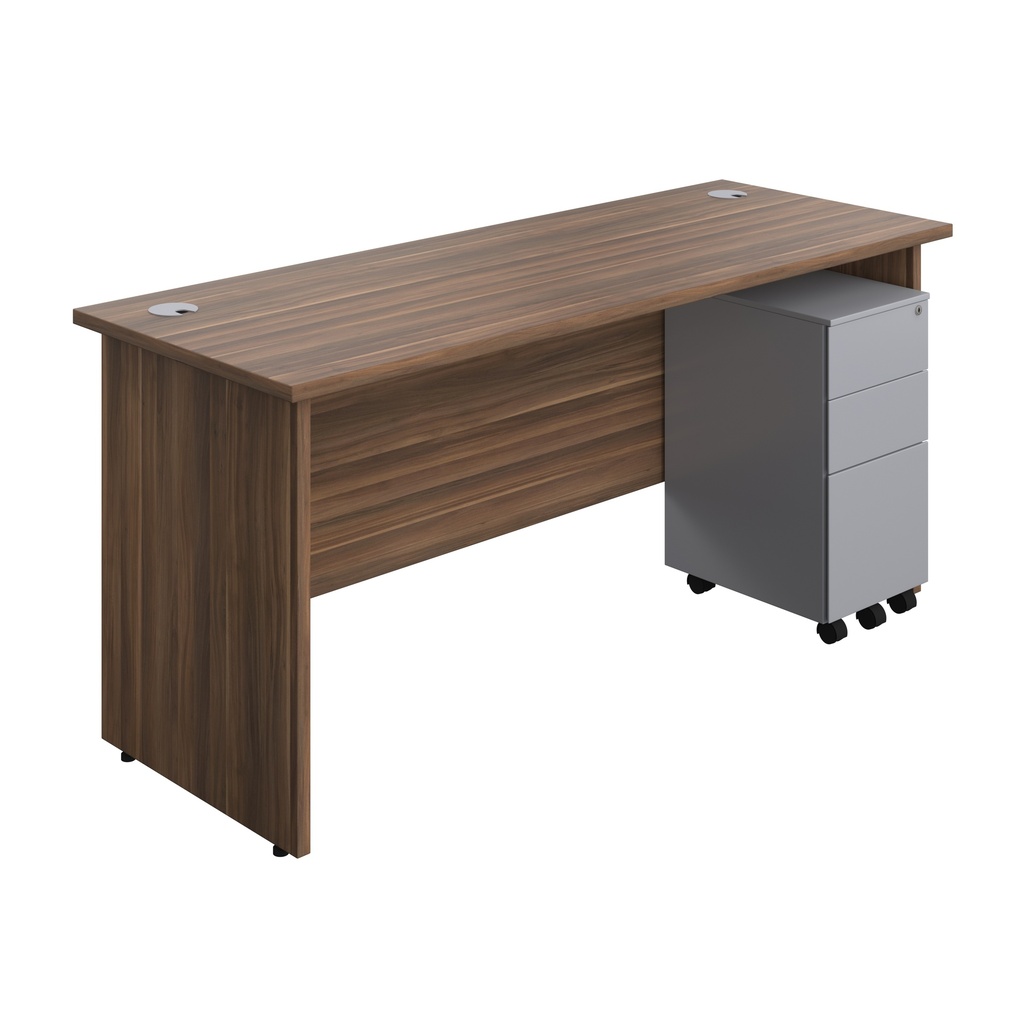 Panel Rectangular Desk + 3 Drawer Slimline Steel Pedestal Bundle (FSC) | 1600X600 | Dark Walnut/Silver | 