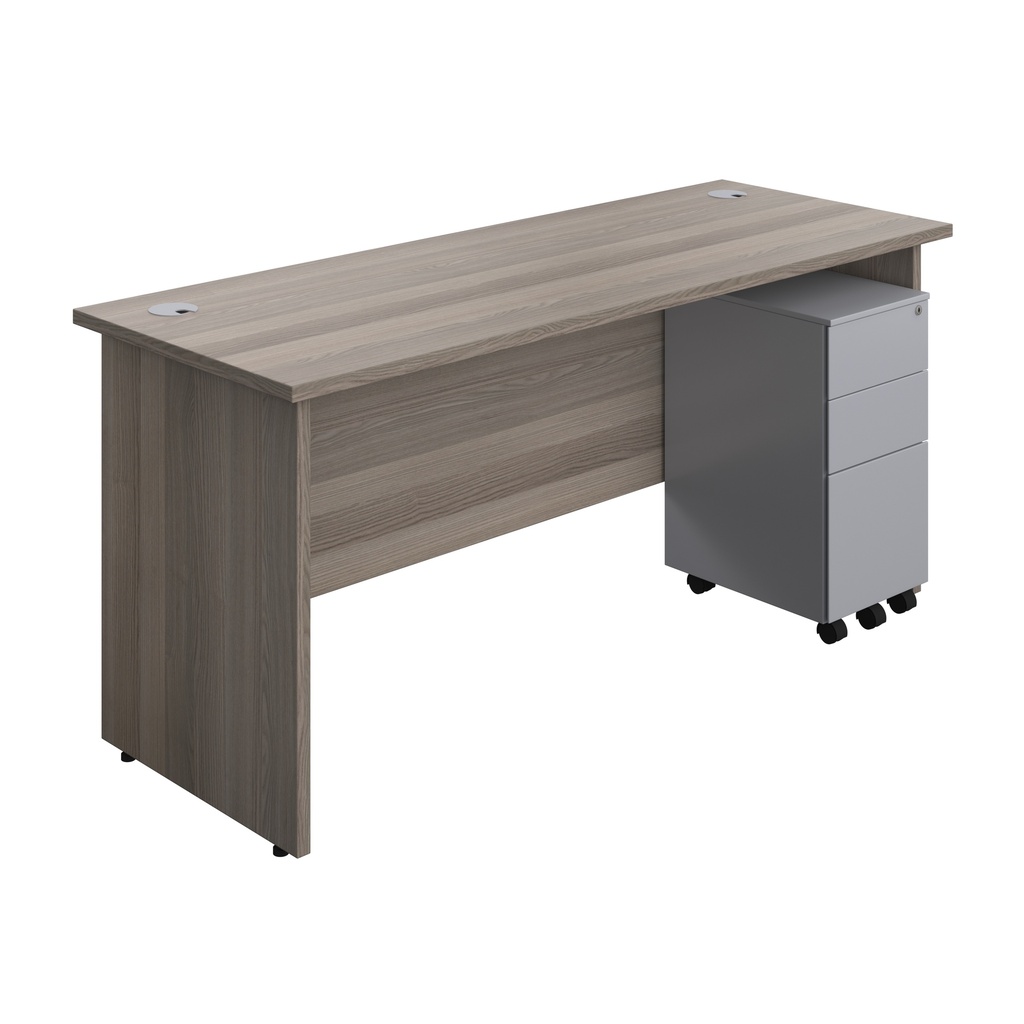 Panel Rectangular Desk + 3 Drawer Slimline Steel Pedestal Bundle (FSC) | 1600X600 | Grey Oak/Silver | 