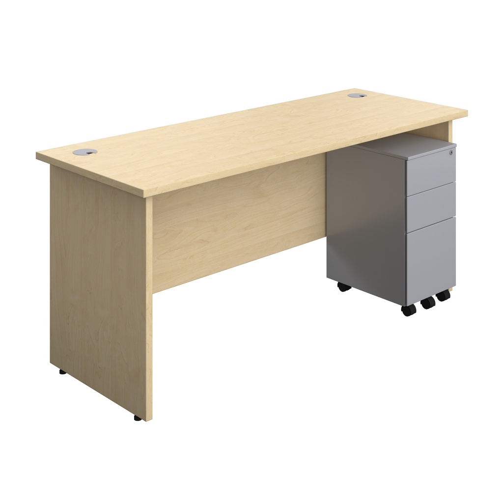 Panel Rectangular Desk + 3 Drawer Slimline Steel Pedestal Bundle (FSC) | 1600X600 | Maple/Silver | 