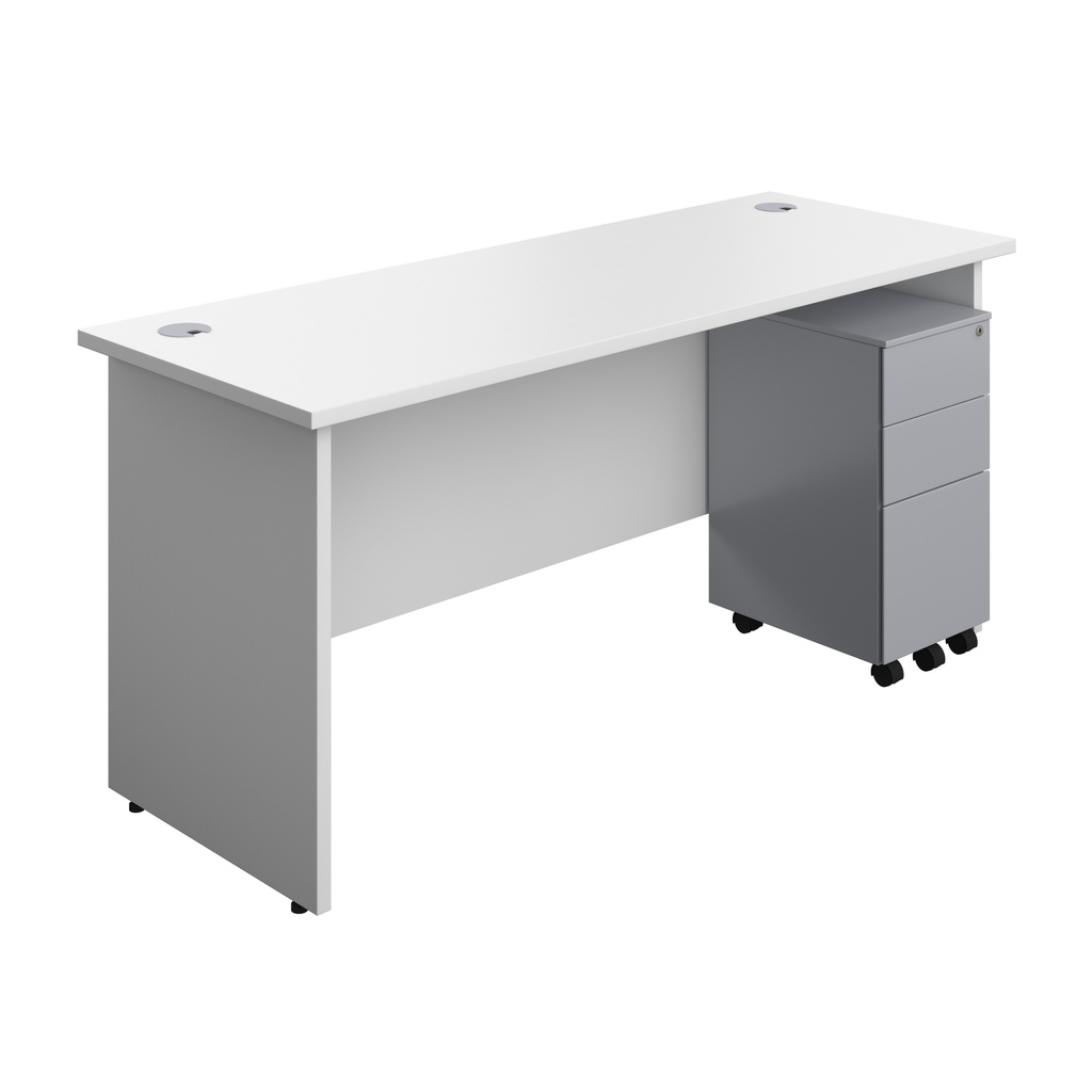 Panel Rectangular Desk + 3 Drawer Slimline Steel Pedestal Bundle (FSC) | 1600X600 | White/Silver | 