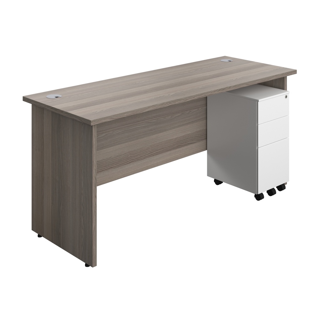 Panel Rectangular Desk + 3 Drawer Slimline Steel Pedestal Bundle (FSC) | 1600X600 | Grey Oak/White | 
