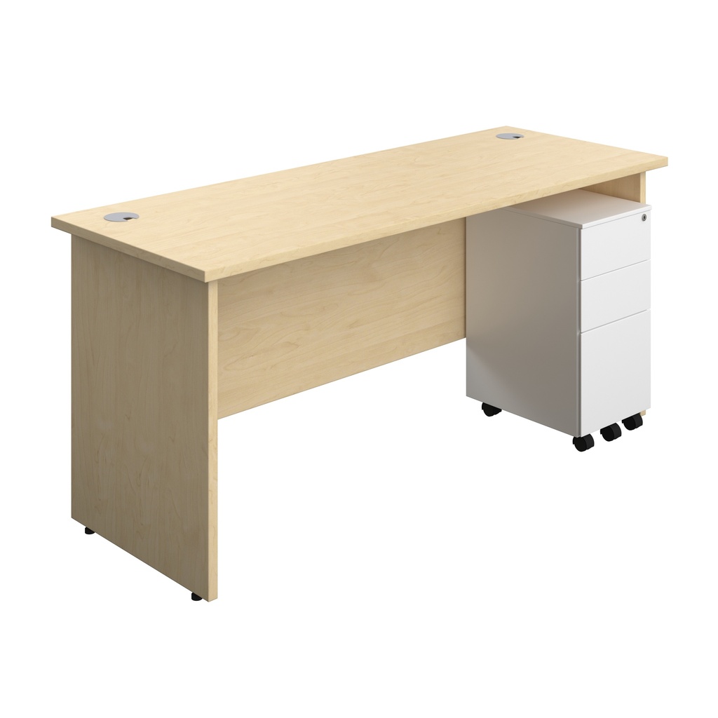 Panel Rectangular Desk + 3 Drawer Slimline Steel Pedestal Bundle (FSC) | 1600X600 | Maple/White | 