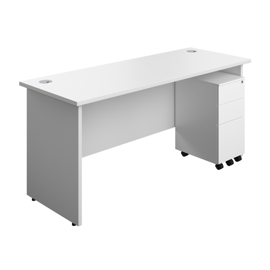 Panel Rectangular Desk + 3 Drawer Slimline Steel Pedestal Bundle (FSC) | 1600X600 | White/White | 