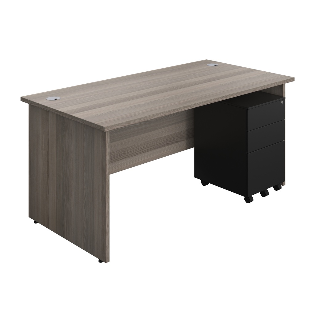 Panel Rectangular Desk + 3 Drawer Steel Pedestal Bundle (FSC) | 1600X800 | Grey Oak/Black | 