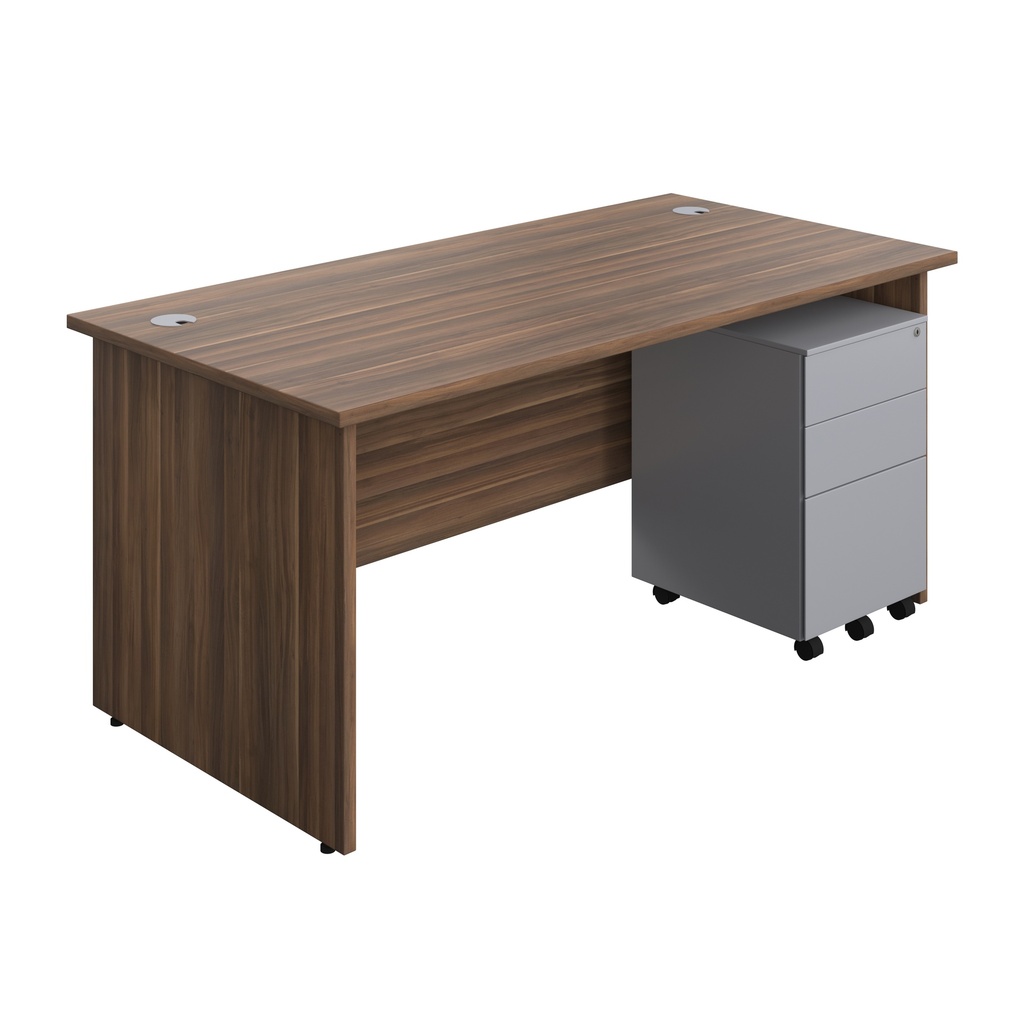 Panel Rectangular Desk + 3 Drawer Steel Pedestal Bundle (FSC) | 1600X800 | Dark Walnut/Silver | 