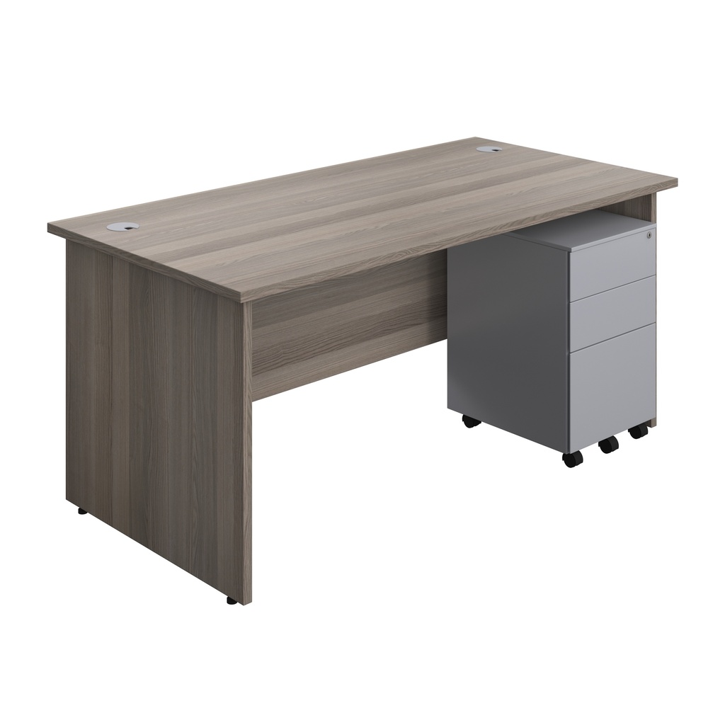 Panel Rectangular Desk + 3 Drawer Steel Pedestal Bundle (FSC) | 1600X800 | Grey Oak/Silver | 