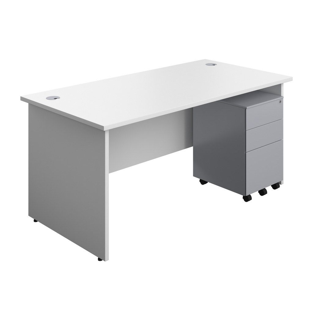 Panel Rectangular Desk + 3 Drawer Steel Pedestal Bundle (FSC) | 1600X800 | White/Silver | 