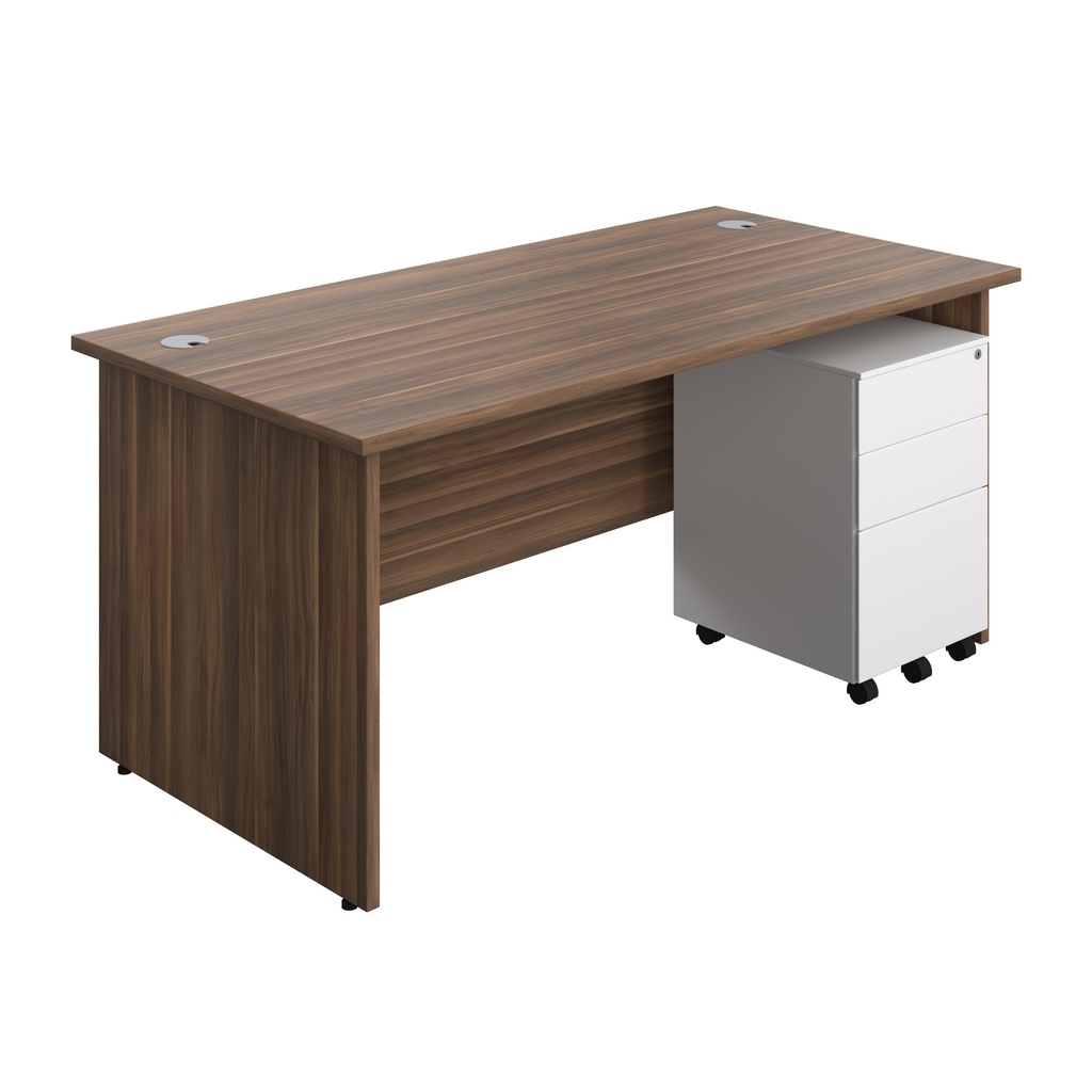 Panel Rectangular Desk + 3 Drawer Steel Pedestal Bundle (FSC) | 1600X800 | Dark Walnut/White | 
