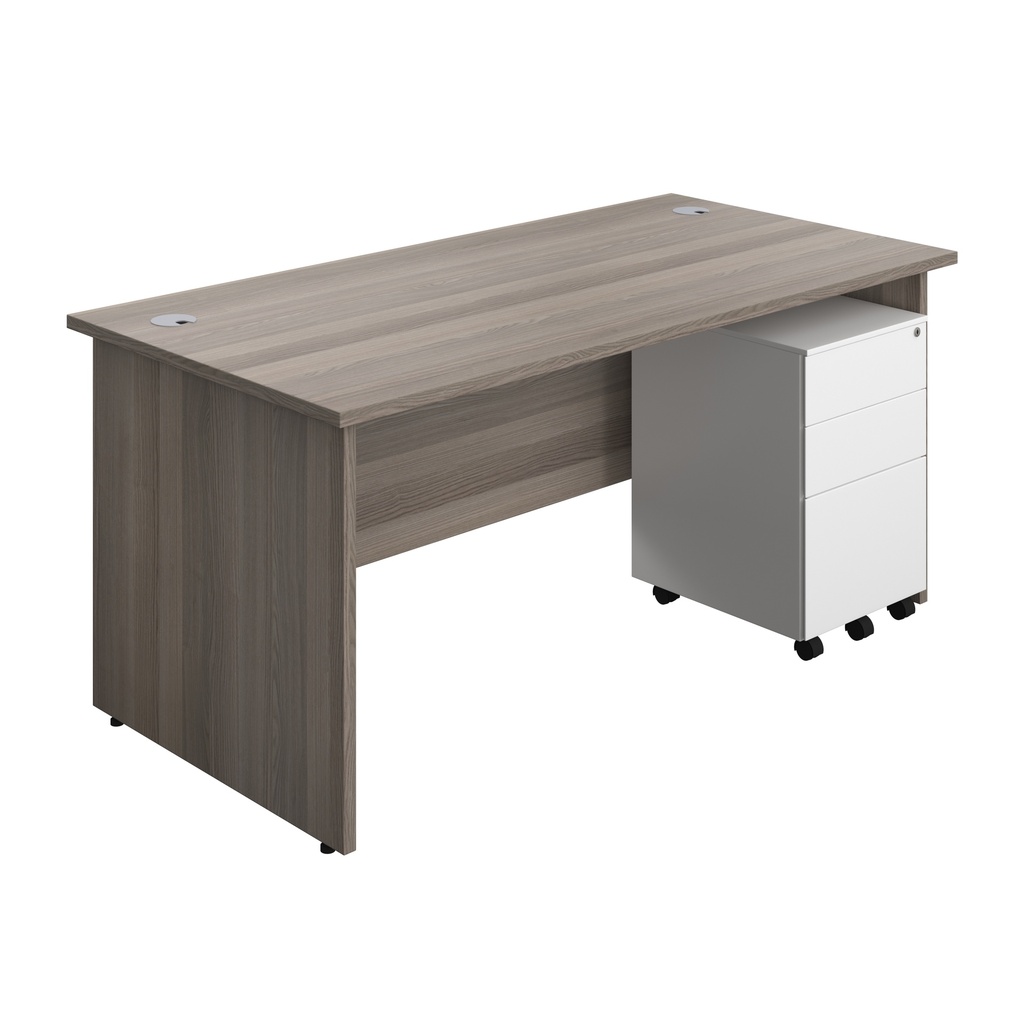 Panel Rectangular Desk + 3 Drawer Steel Pedestal Bundle (FSC) | 1600X800 | Grey Oak/White | 