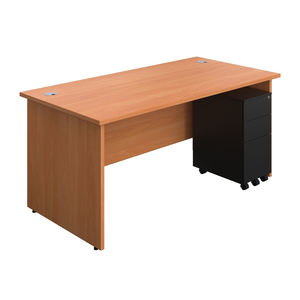 Panel Rectangular Desk + 3 Drawer Slimline Steel Pedestal Bundle (FSC) | 1600X800 | Beech/Black | 