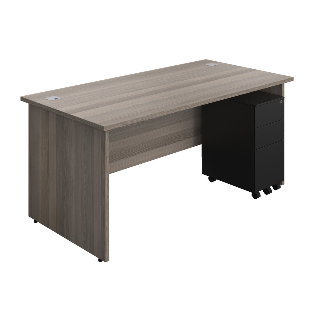 Panel Rectangular Desk + 3 Drawer Slimline Steel Pedestal Bundle (FSC) | 1600X800 | Grey Oak/Black | 