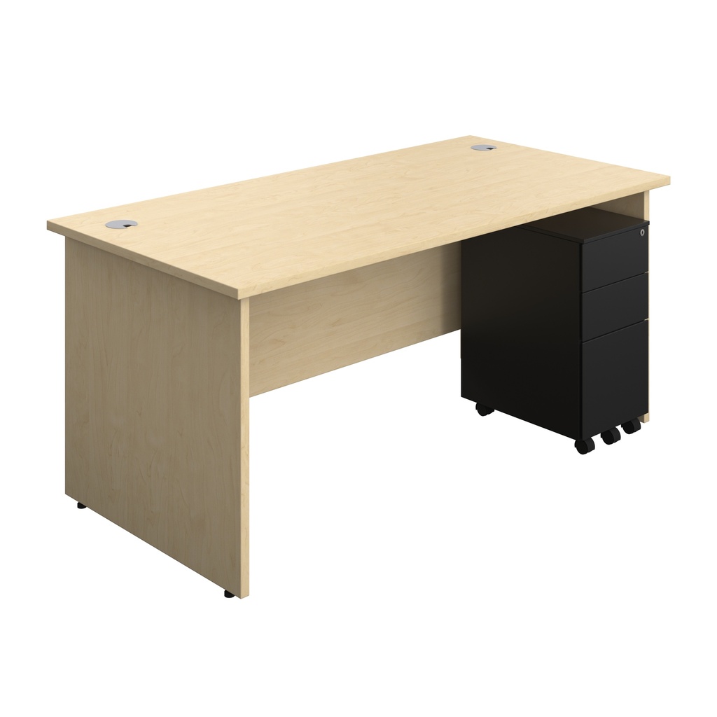 Panel Rectangular Desk + 3 Drawer Slimline Steel Pedestal Bundle (FSC) | 1600X800 | Maple/Black | 