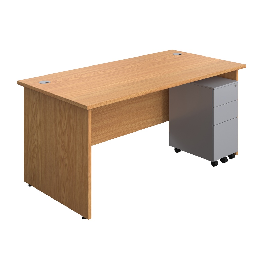 Panel Rectangular Desk + 3 Drawer Slimline Steel Pedestal Bundle (FSC) | 1600X800 | Nova Oak/Silver | 