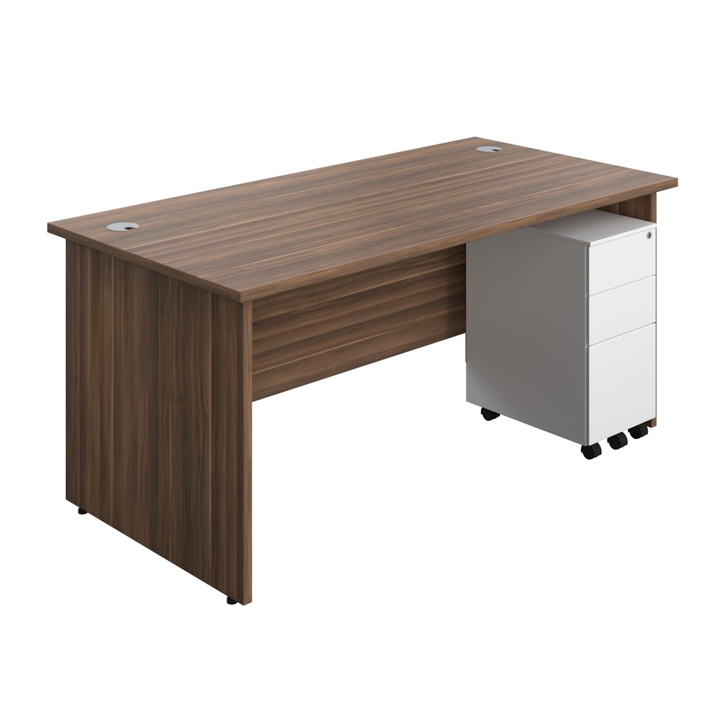 Panel Rectangular Desk + 3 Drawer Slimline Steel Pedestal Bundle (FSC) | 1600X800 | Dark Walnut/White | 