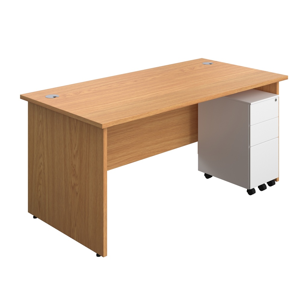 Panel Rectangular Desk + 3 Drawer Slimline Steel Pedestal Bundle (FSC) | 1600X800 | Nova Oak/White | 