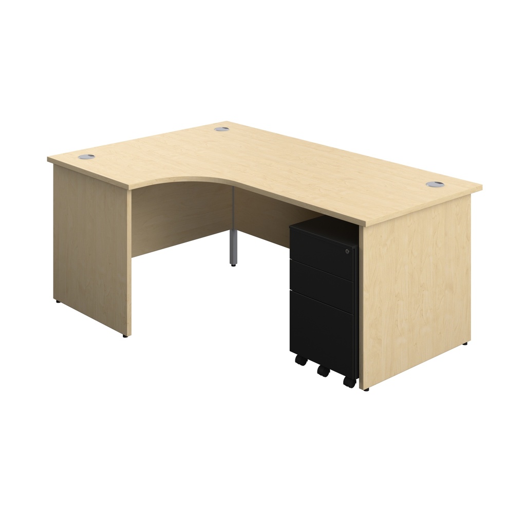Panel Left Hand Radial Desk + 3 Drawer Steel Mobile Pedestal Bundle (FSC) | 1800X1200 | Maple/Black | 