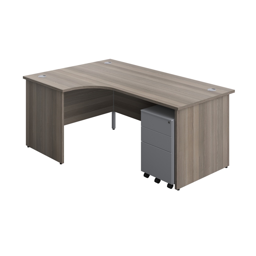 Panel Left Hand Radial Desk + 3 Drawer Steel Mobile Pedestal Bundle (FSC) | 1800X1200 | Grey Oak/Silver | 