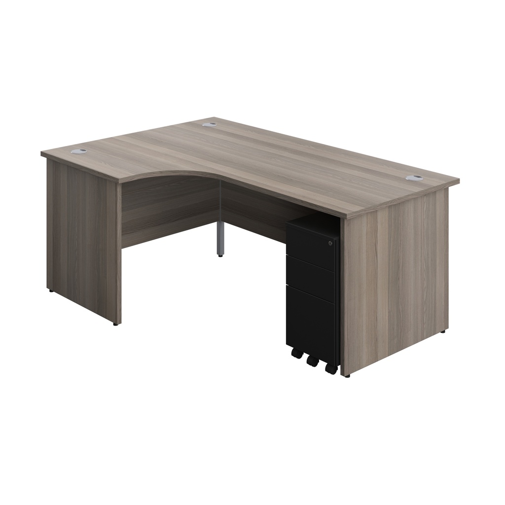 Panel Left Hand Radial Desk + 3 Drawer Slimline Steel Mobile Pedestal Bundle (FSC) | 1800X1200 | Grey Oak/Black | 