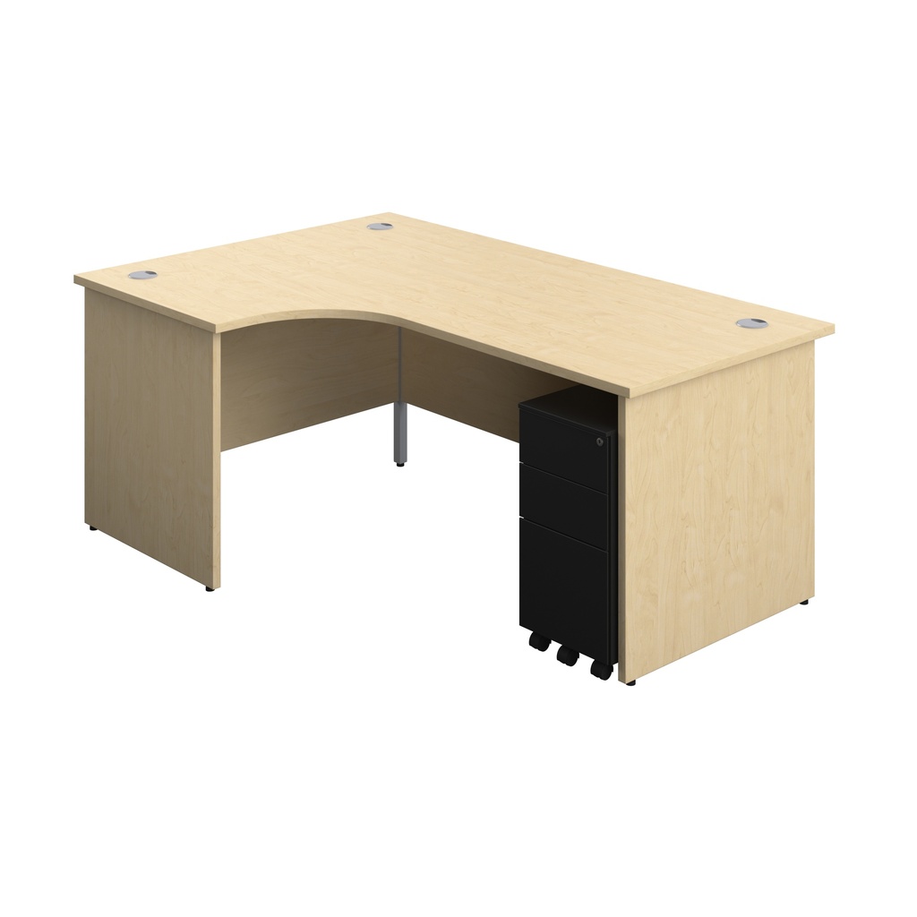 Panel Left Hand Radial Desk + 3 Drawer Slimline Steel Mobile Pedestal Bundle (FSC) | 1800X1200 | Maple/Black | 