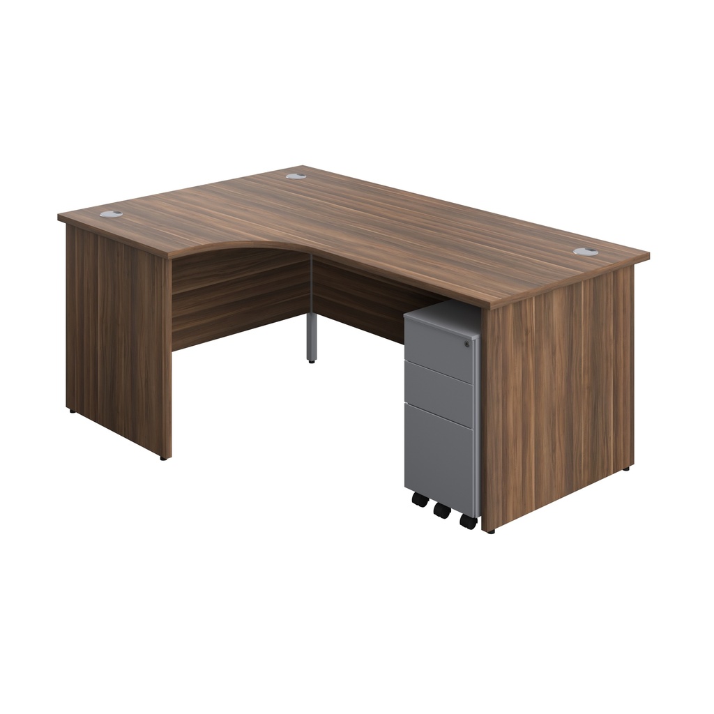 Panel Left Hand Radial Desk + 3 Drawer Slimline Steel Mobile Pedestal Bundle (FSC) | 1800X1200 | Dark Walnut/Silver | 
