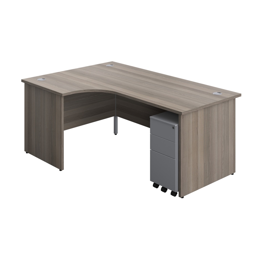 Panel Left Hand Radial Desk + 3 Drawer Slimline Steel Mobile Pedestal Bundle (FSC) | 1800X1200 | Grey Oak/Silver | 