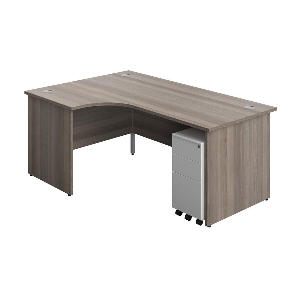 Panel Left Hand Radial Desk + 3 Drawer Slimline Steel Mobile Pedestal Bundle (FSC) | 1800X1200 | Grey Oak/White | 