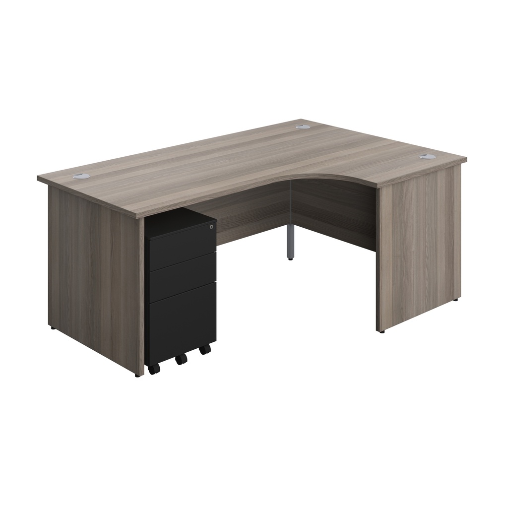 Panel Right Hand Radial Desk + 3 Drawer Steel Mobile Pedestal Bundle (FSC) | 1800X1200 | Grey Oak/Black | 