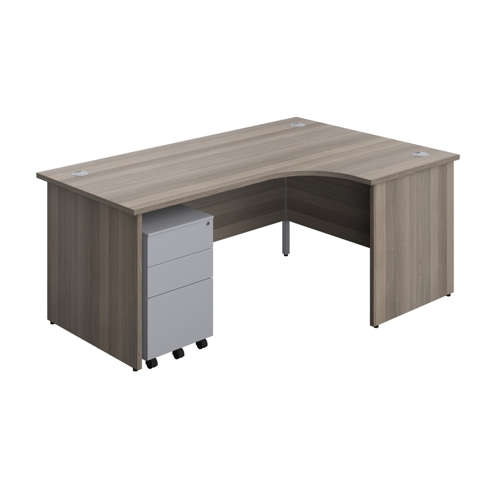 Panel Right Hand Radial Desk + 3 Drawer Steel Mobile Pedestal Bundle (FSC) | 1800X1200 | Grey Oak/Silver | 