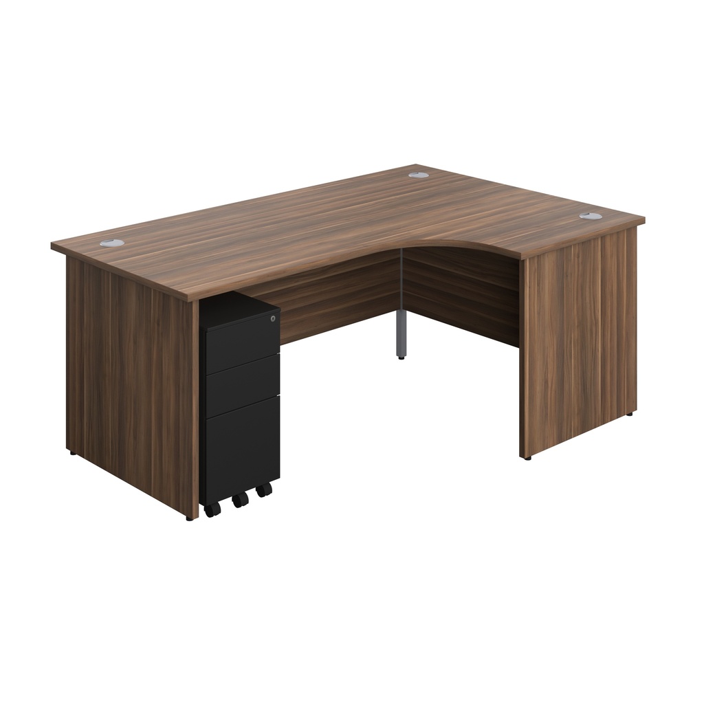 Panel Right Hand Radial Desk + 3 Drawer Slimline Steel Mobile Pedestal Bundle (FSC) | 1800X1200 | Dark Walnut/Black | 