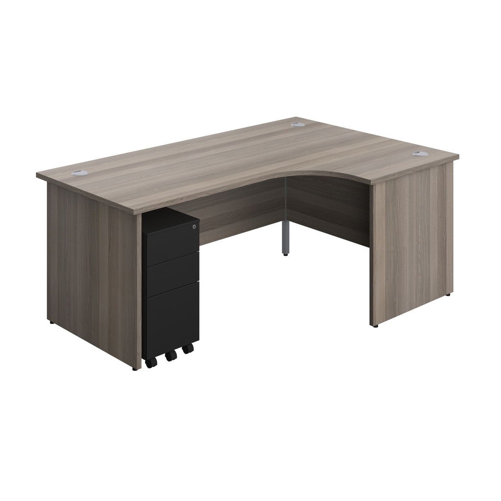 Panel Right Hand Radial Desk + 3 Drawer Slimline Steel Mobile Pedestal Bundle (FSC) | 1800X1200 | Grey Oak/Black | 