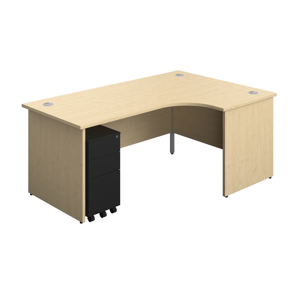 Panel Right Hand Radial Desk + 3 Drawer Slimline Steel Mobile Pedestal Bundle (FSC) | 1800X1200 | Maple/Black | 
