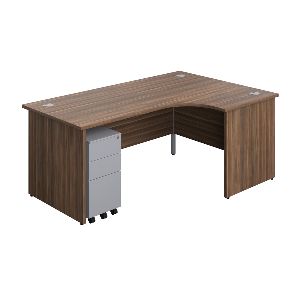 Panel Right Hand Radial Desk + 3 Drawer Slimline Steel Mobile Pedestal Bundle (FSC) | 1800X1200 | Dark Walnut/Silver | 