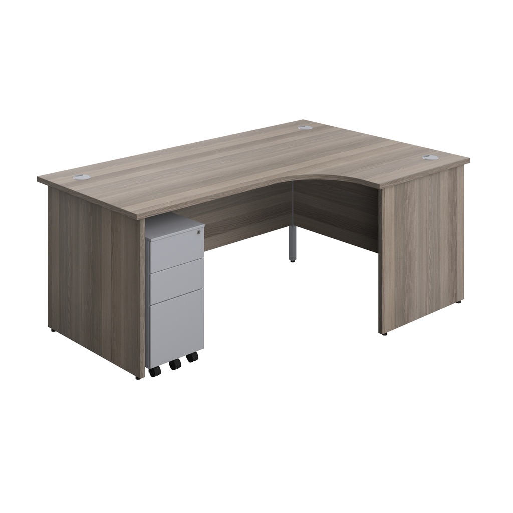 Panel Right Hand Radial Desk + 3 Drawer Slimline Steel Mobile Pedestal Bundle (FSC) | 1800X1200 | Grey Oak/Silver | 