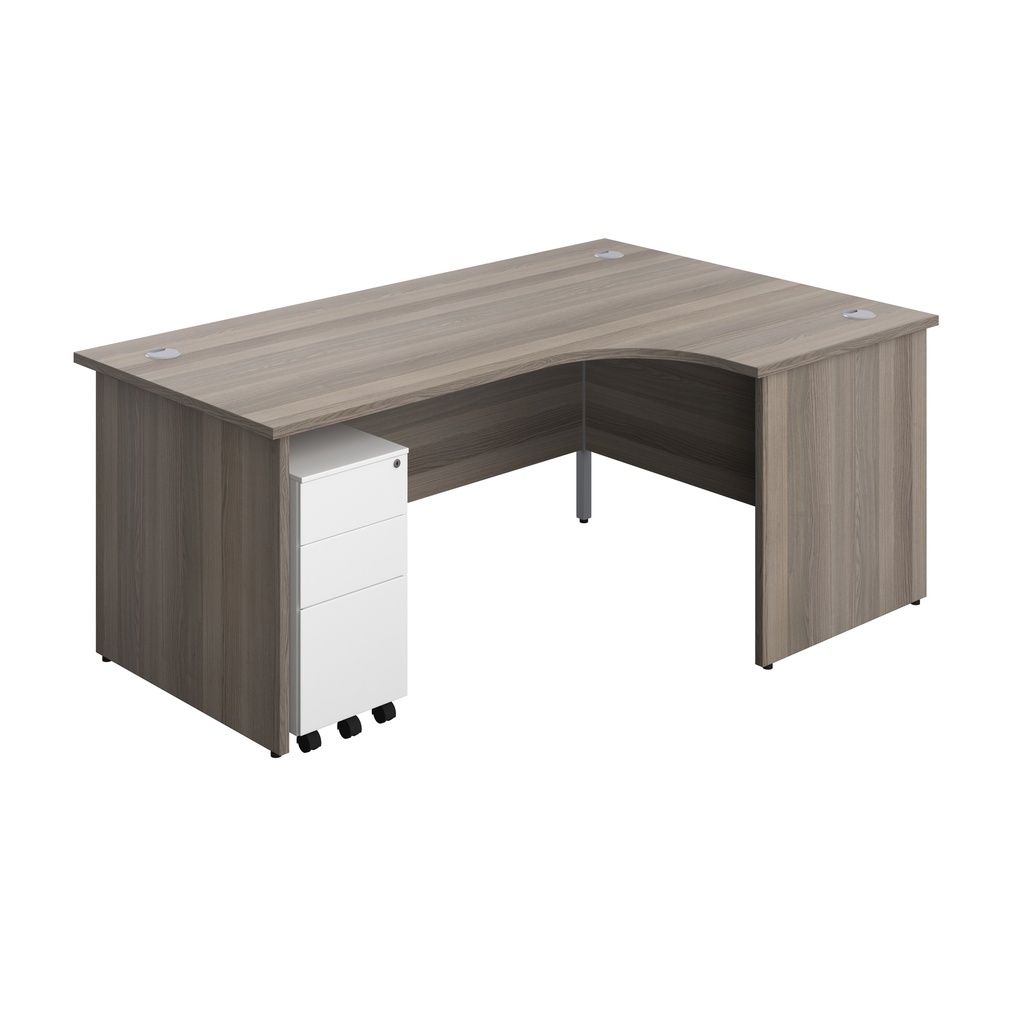 Panel Right Hand Radial Desk + 3 Drawer Slimline Steel Mobile Pedestal Bundle (FSC) | 1800X1200 | Grey Oak/White | 
