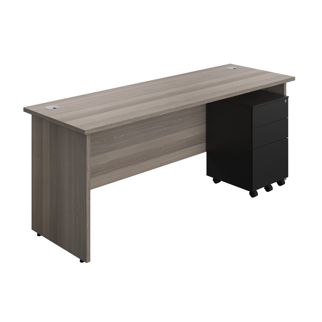 Panel Rectangular Desk + 3 Drawer Steel Pedestal Bundle (FSC) | 1800X600 | Grey Oak/Black | 