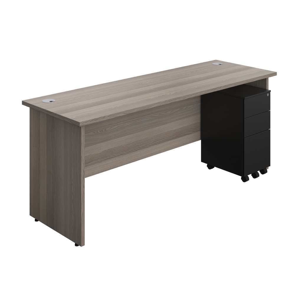 Panel Rectangular Desk + 3 Drawer Slimline Steel Pedestal Bundle (FSC) | 1800X600 | Grey Oak/Black | 