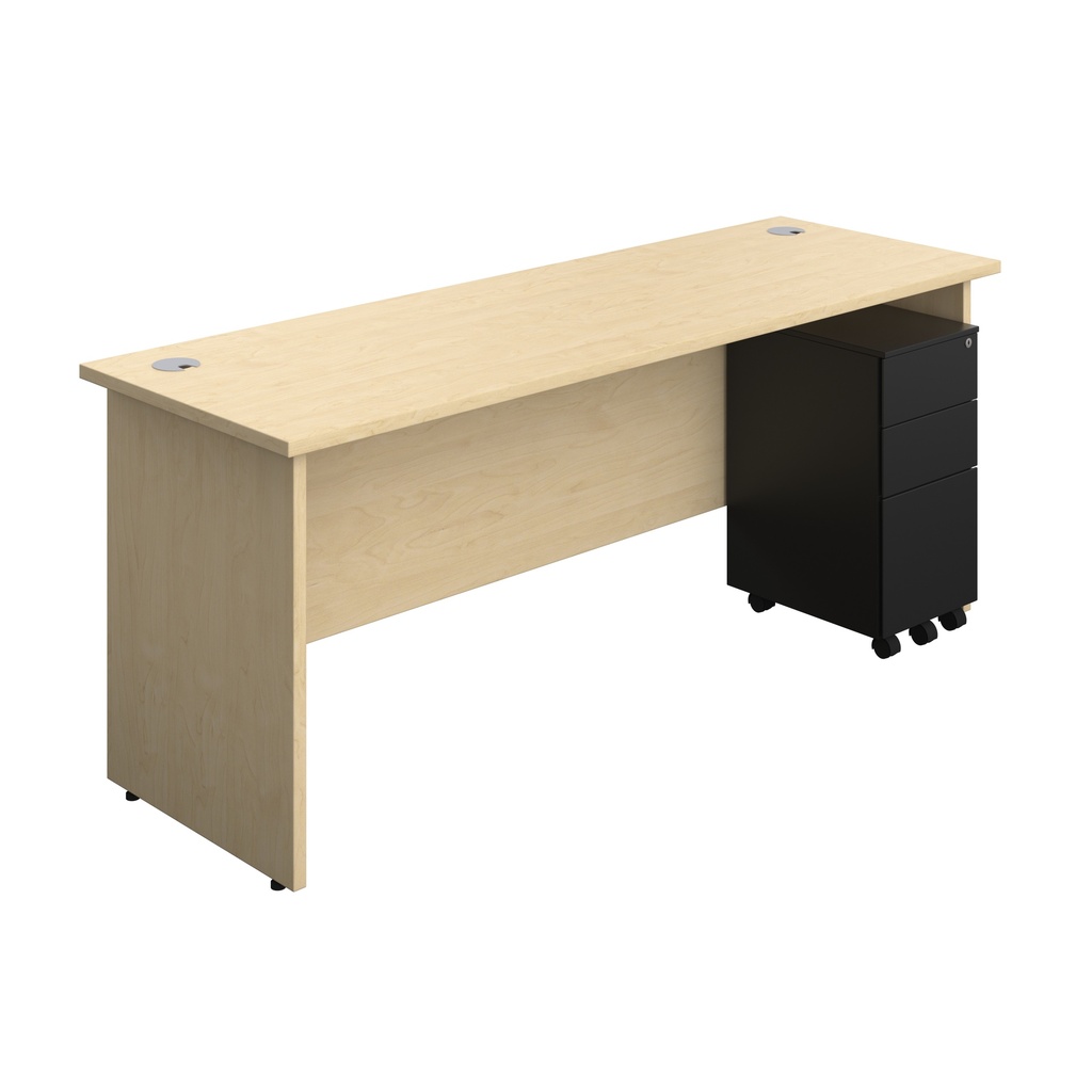 Panel Rectangular Desk + 3 Drawer Slimline Steel Pedestal Bundle (FSC) | 1800X600 | Maple/Black | 