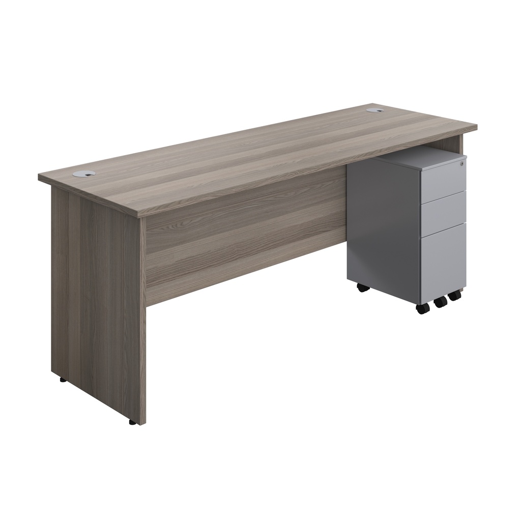Panel Rectangular Desk + 3 Drawer Slimline Steel Pedestal Bundle (FSC) | 1800X600 | Grey Oak/Silver | 