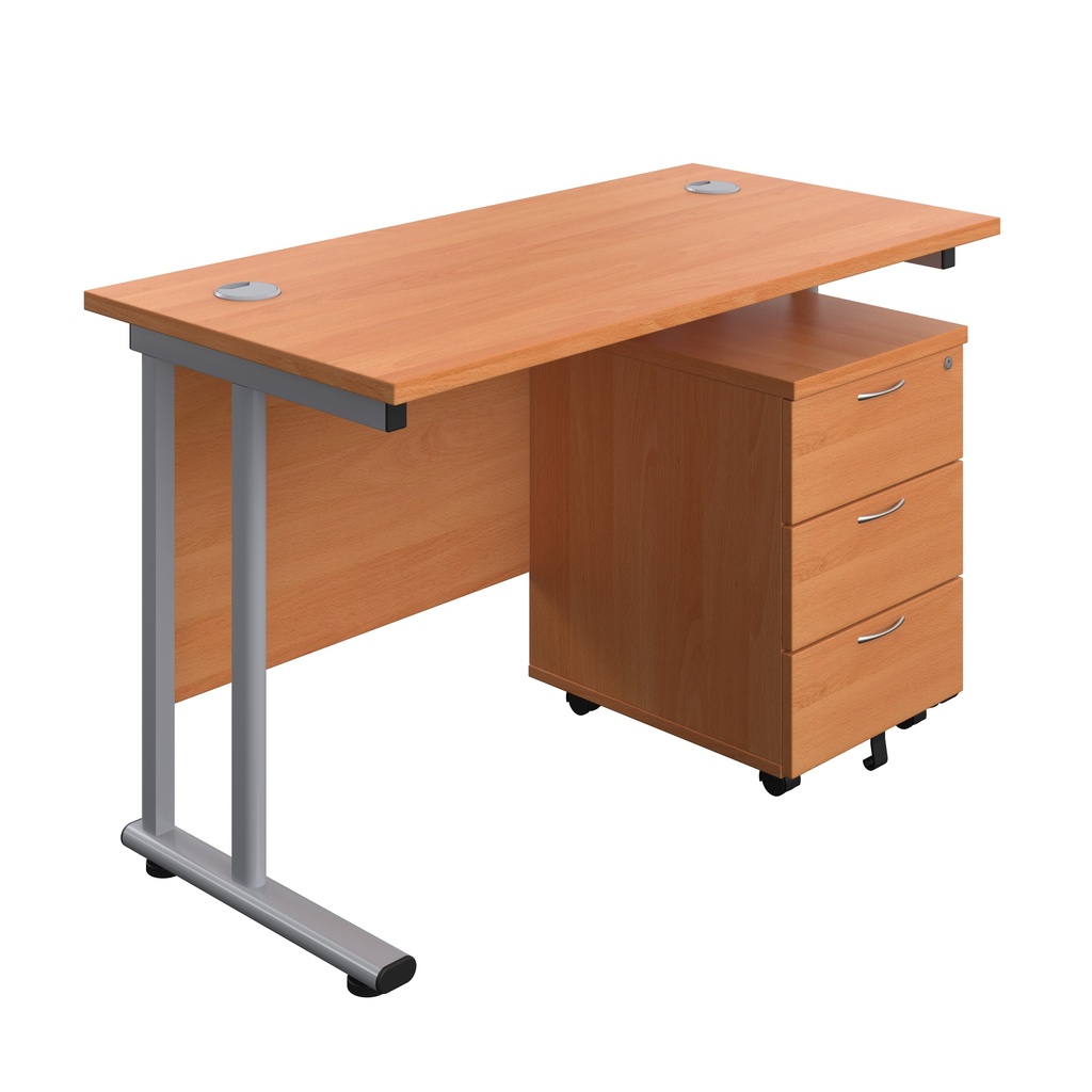 Twin Upright Rectangular Desk + Mobile 3 Drawer Pedestal (FSC) | 1200X600 | Beech/Silver | 